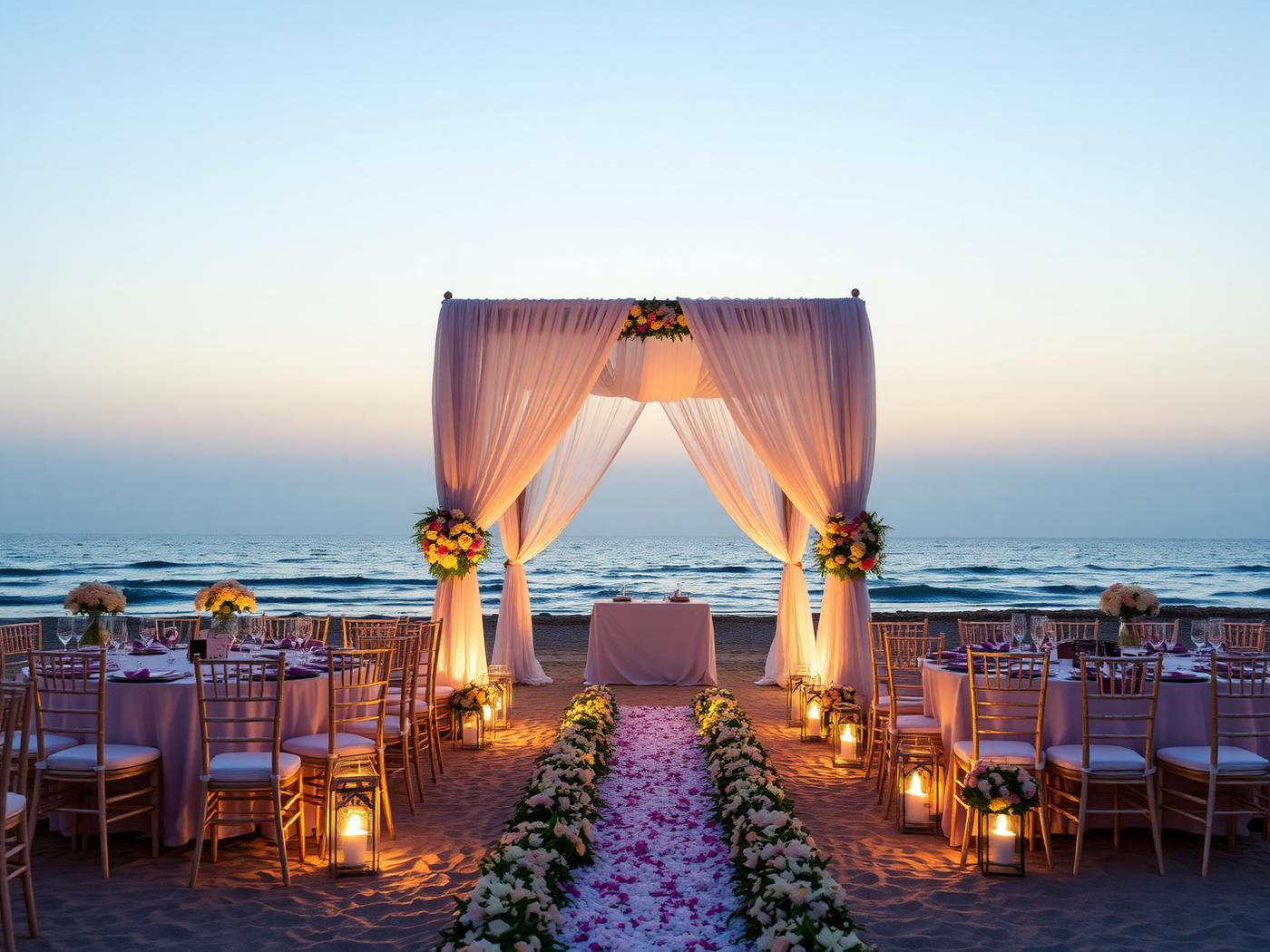 Beach wedding ceremony setup at sunset in the UAE