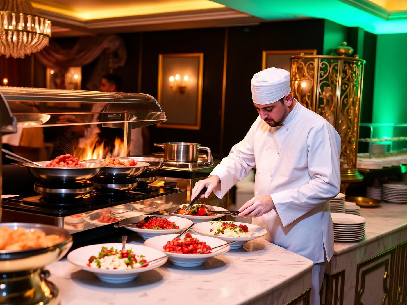 Live cooking station with a chef plating at a premium UAE event