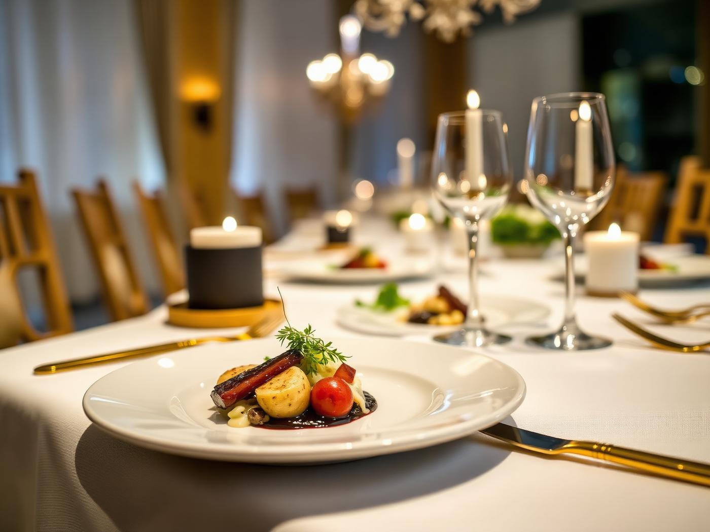 Plated fine dining course at a gala dinner table
