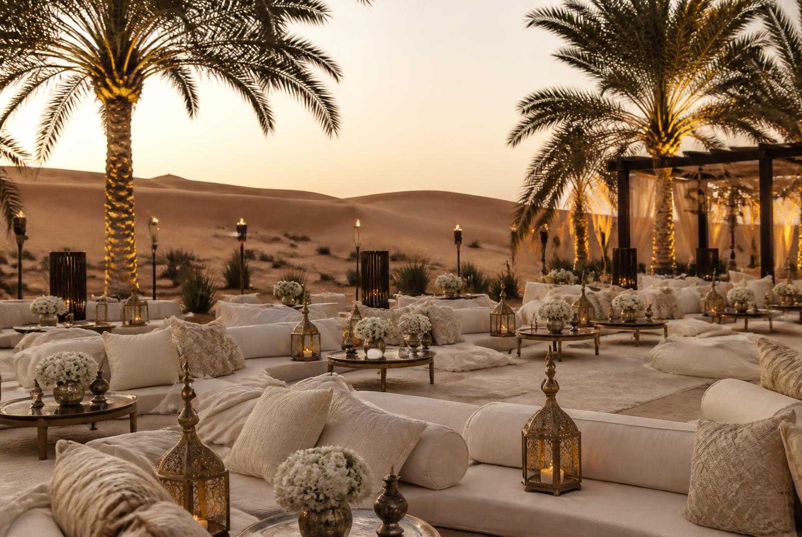 Desert majlis seating setup with lanterns in the UAE