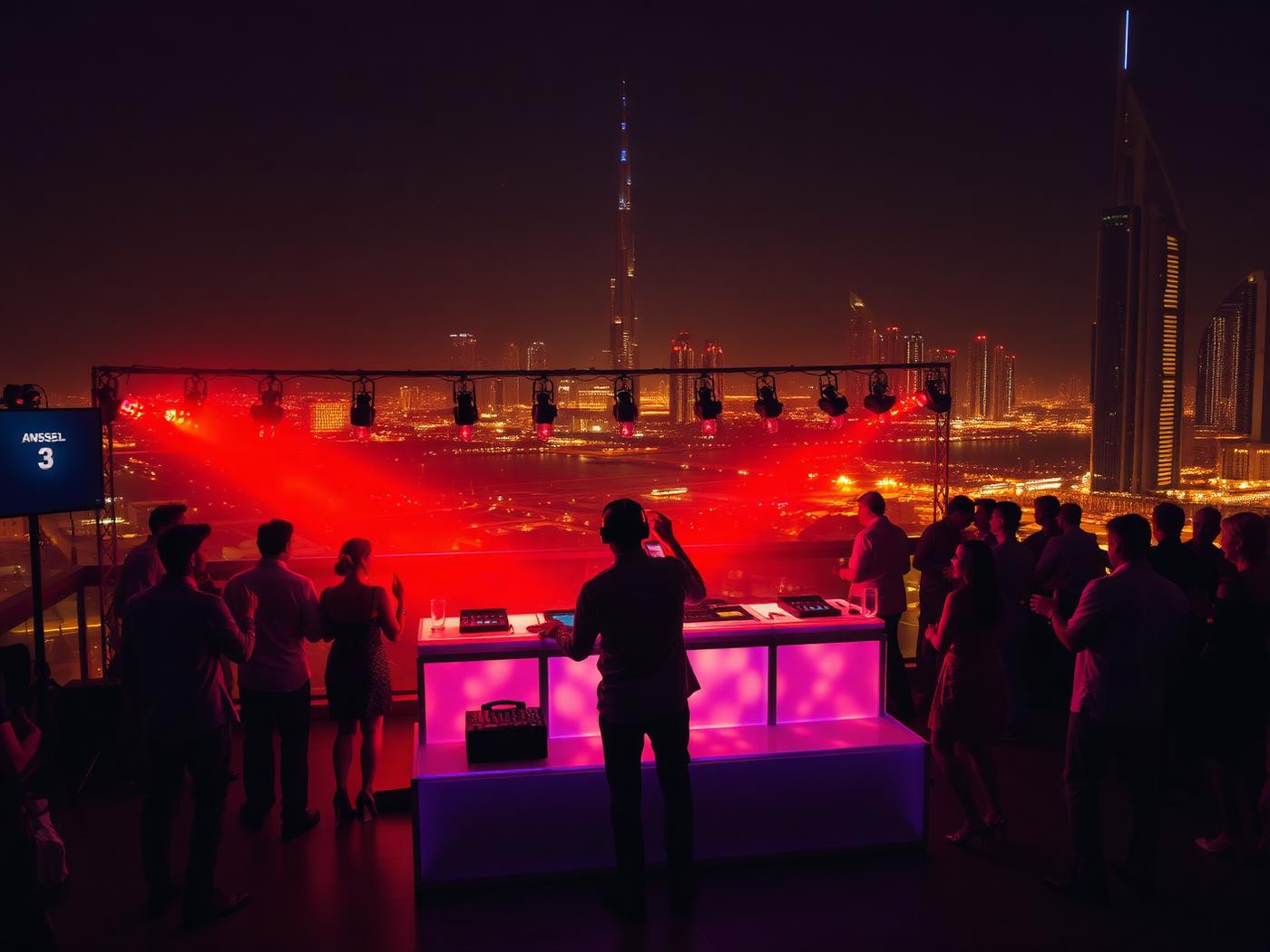 DJ performing at a rooftop celebration with the Dubai skyline behind