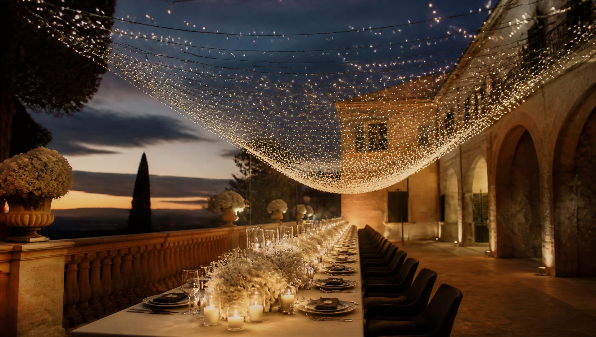 Evening venue setup with rented furniture and lighting