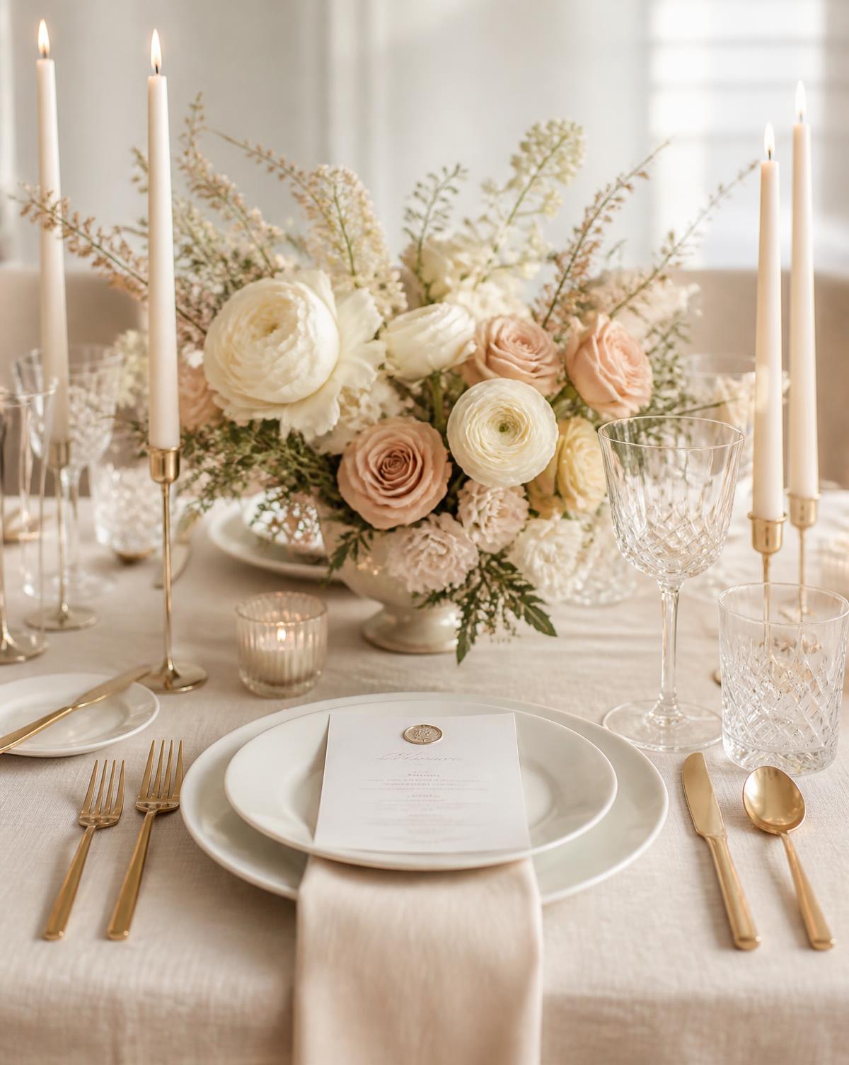 Event table styling with rented linen, glassware and centrepiece
