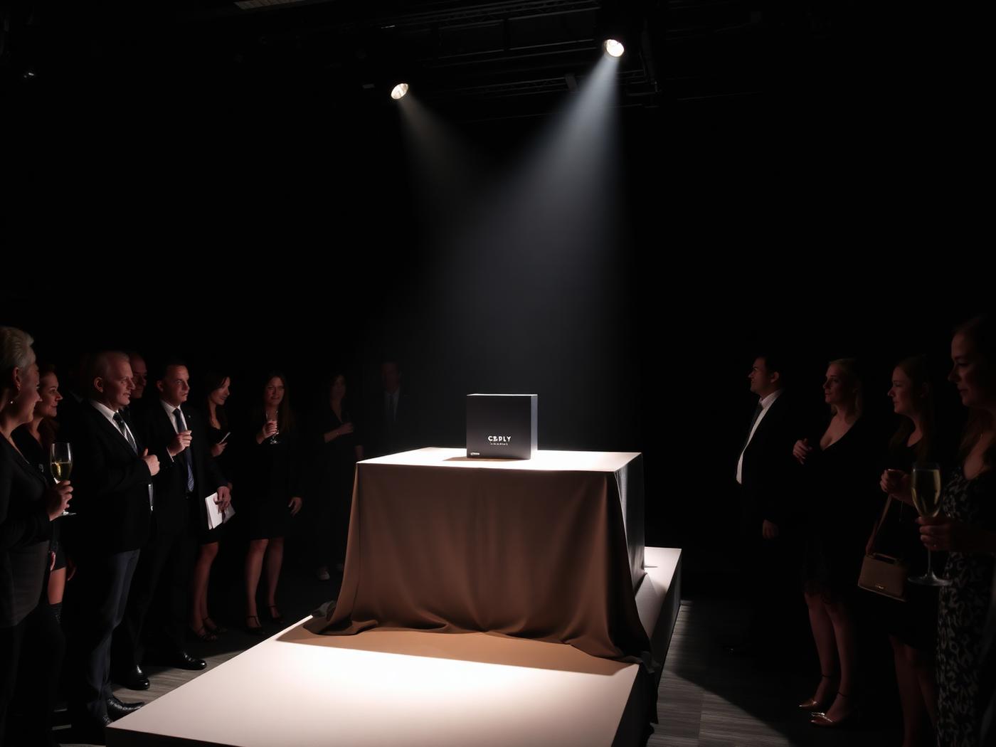 Corporate product launch reveal moment with spotlighting