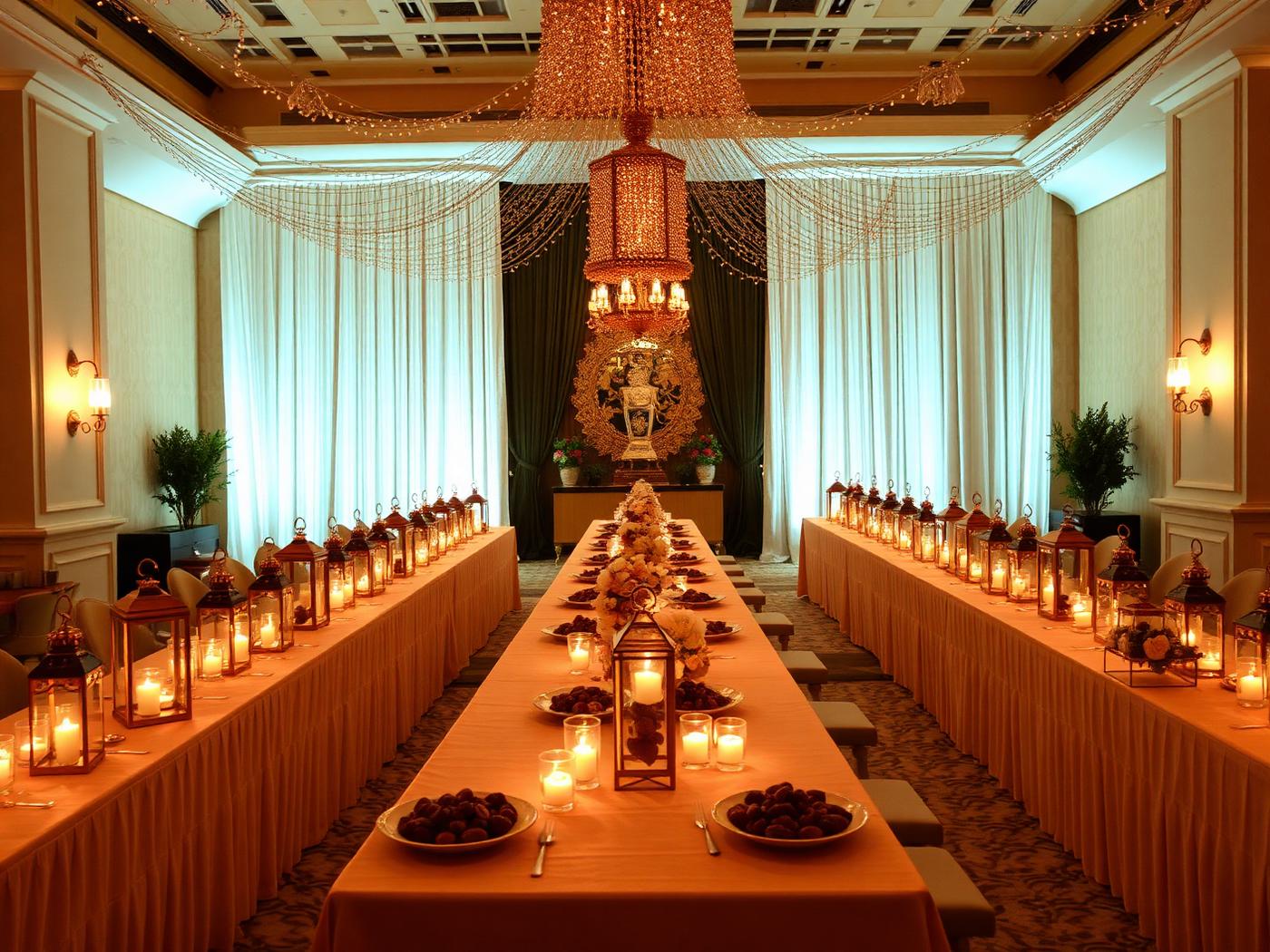 Ramadan iftar banquet setup with lanterns in a UAE hotel
